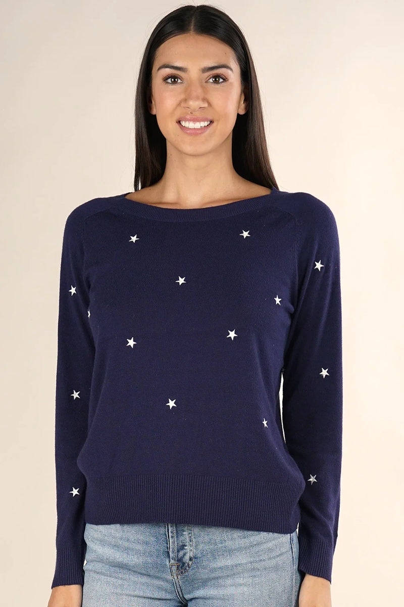 Star Embroidered Pullover Sweater - Navy