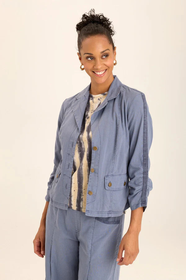 XCVI Wearables Folksy Linen/Stretch 4-Pocket Shirred Blazer - Hypnotic Pigment