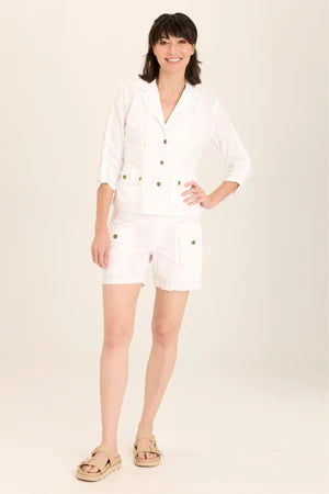XCVI Wearables Folksy Linen/Stretch 4-Pocket Shirred Blazer - White