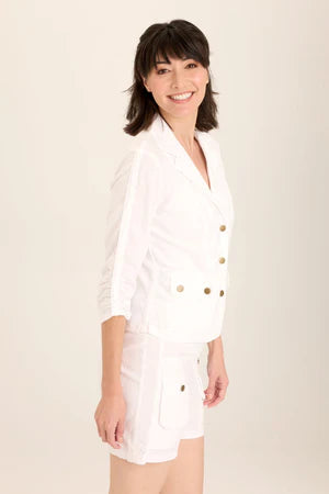 XCVI Wearables Folksy Linen/Stretch 4-Pocket Shirred Blazer - White