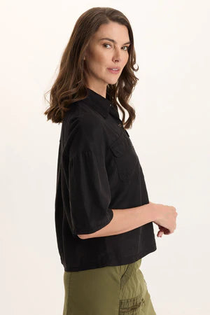 XCVI Tage Soft Twill Snap-Up Top  in Black
