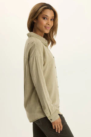 XCVI Wearables Dusten Lightweight Oversize Button-Up  in Distress Wash: Alamos