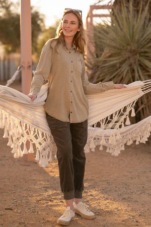 XCVI Wearables Dusten Lightweight Oversize Button-Up  in Distress Wash: Alamos