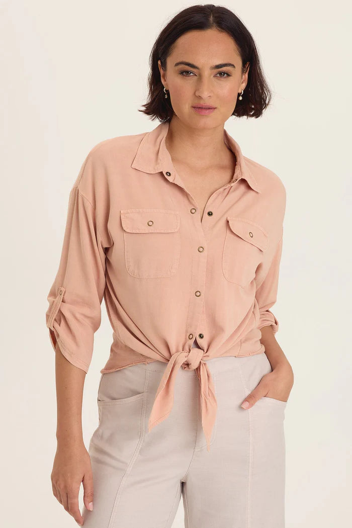 XCVI Wearables Tyrell Lightweight Tie-Front Button-Up  in Burnished Caramel Pigment