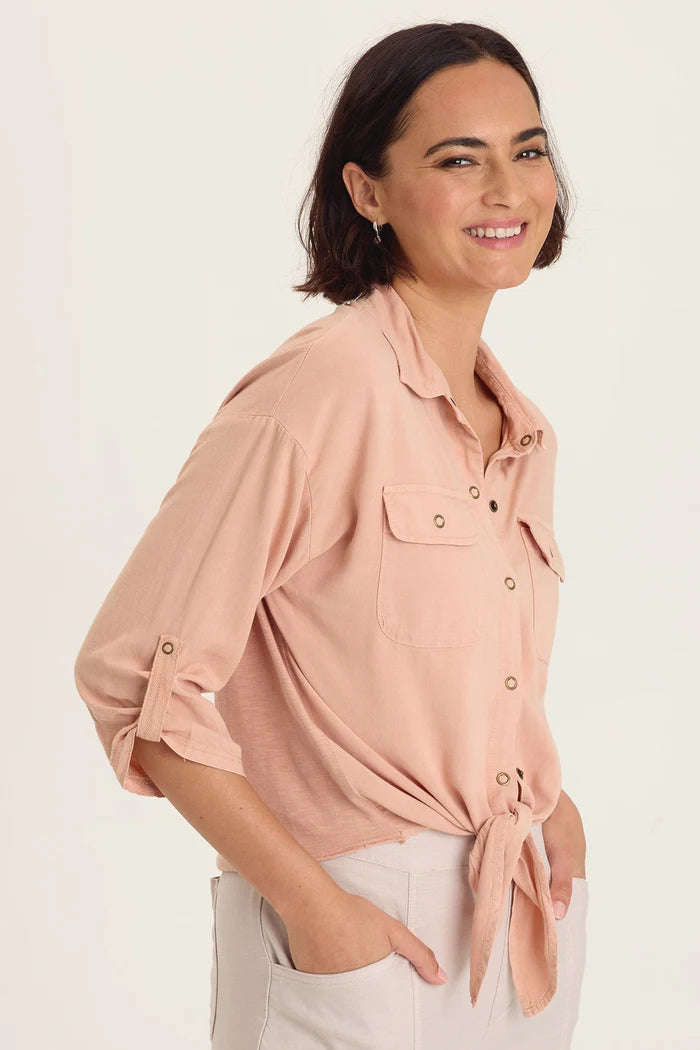 XCVI Wearables Tyrell Lightweight Tie-Front Button-Up  in Burnished Caramel Pigment