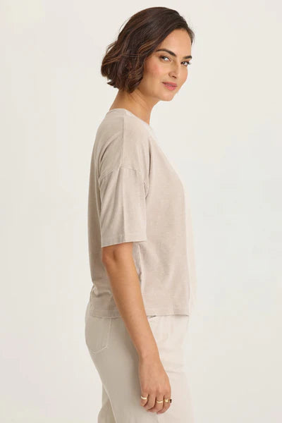 XCVI Wearables Lino Twill/Jersey Boat Neck Tee  in Clay Pot Pigment