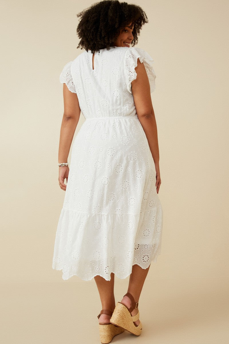 FINAL SALE Scallop Hem Floral Crochet Eyelet Dress - Curvy