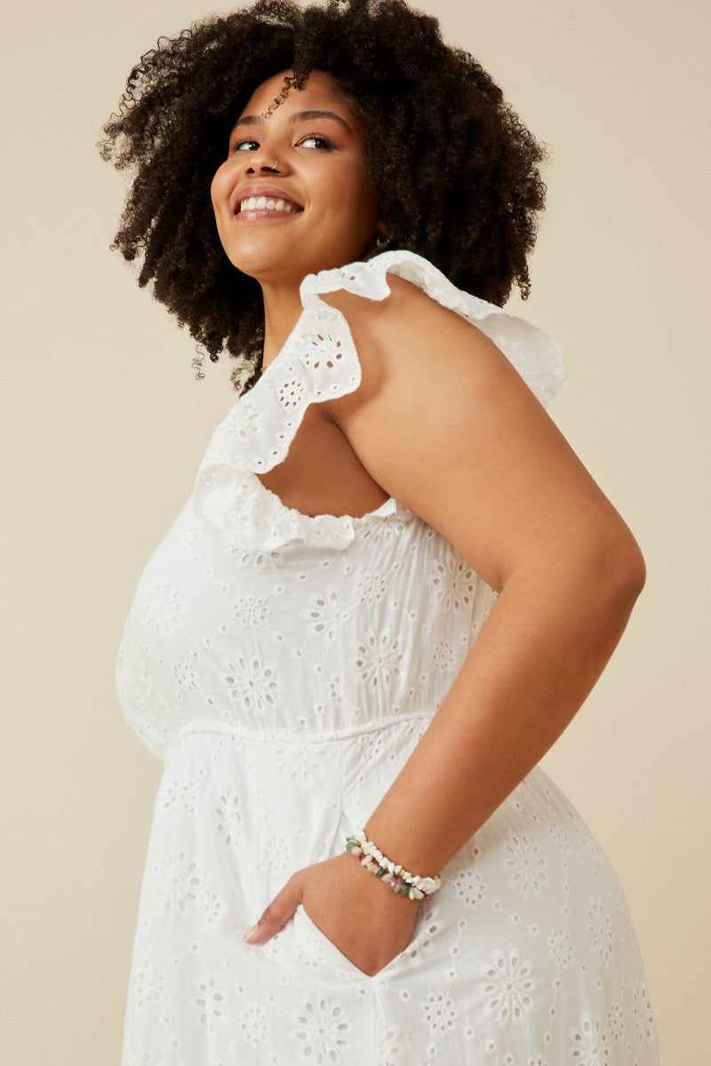 FINAL SALE Scallop Hem Floral Crochet Eyelet Dress - Curvy