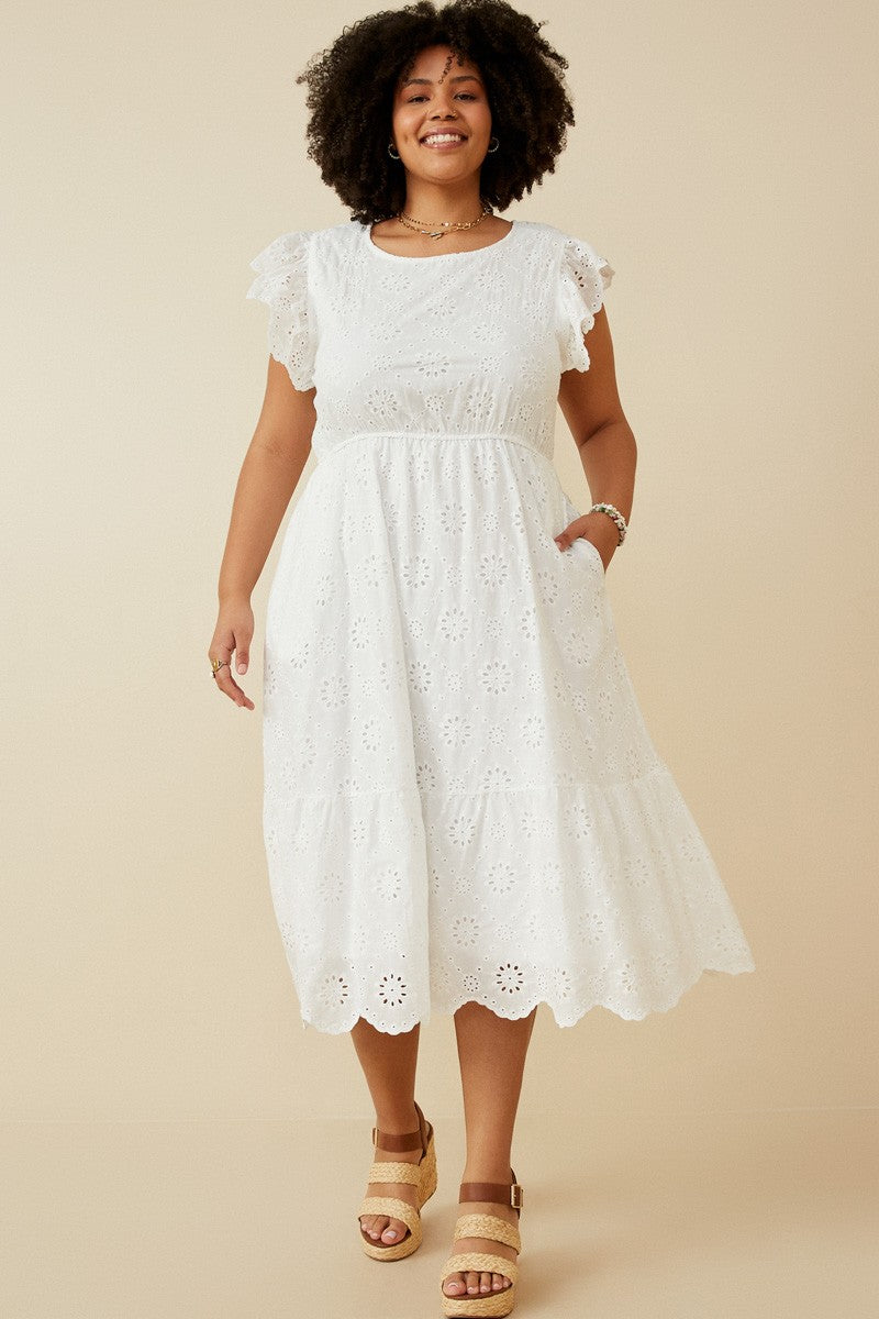 FINAL SALE Scallop Hem Floral Crochet Eyelet Dress - Curvy