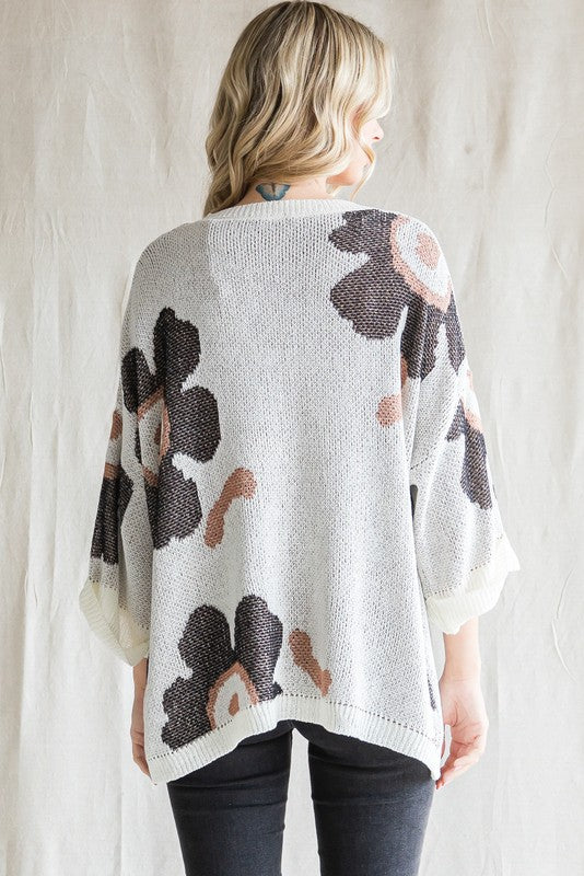Flower Print 3/4 Sleeve Knit Sweater - Sizes Small - 3XL Curvy