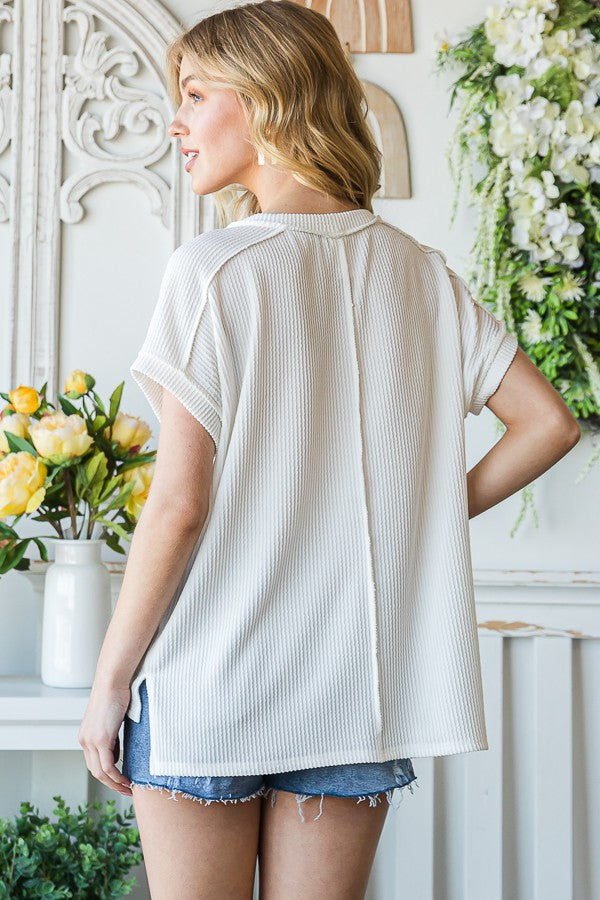 Solid Rib Drop Shoulder Top - Off White