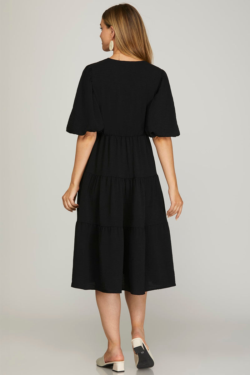 Balloon Sleeve Woven Tiered Wrap Midi Dress - Black