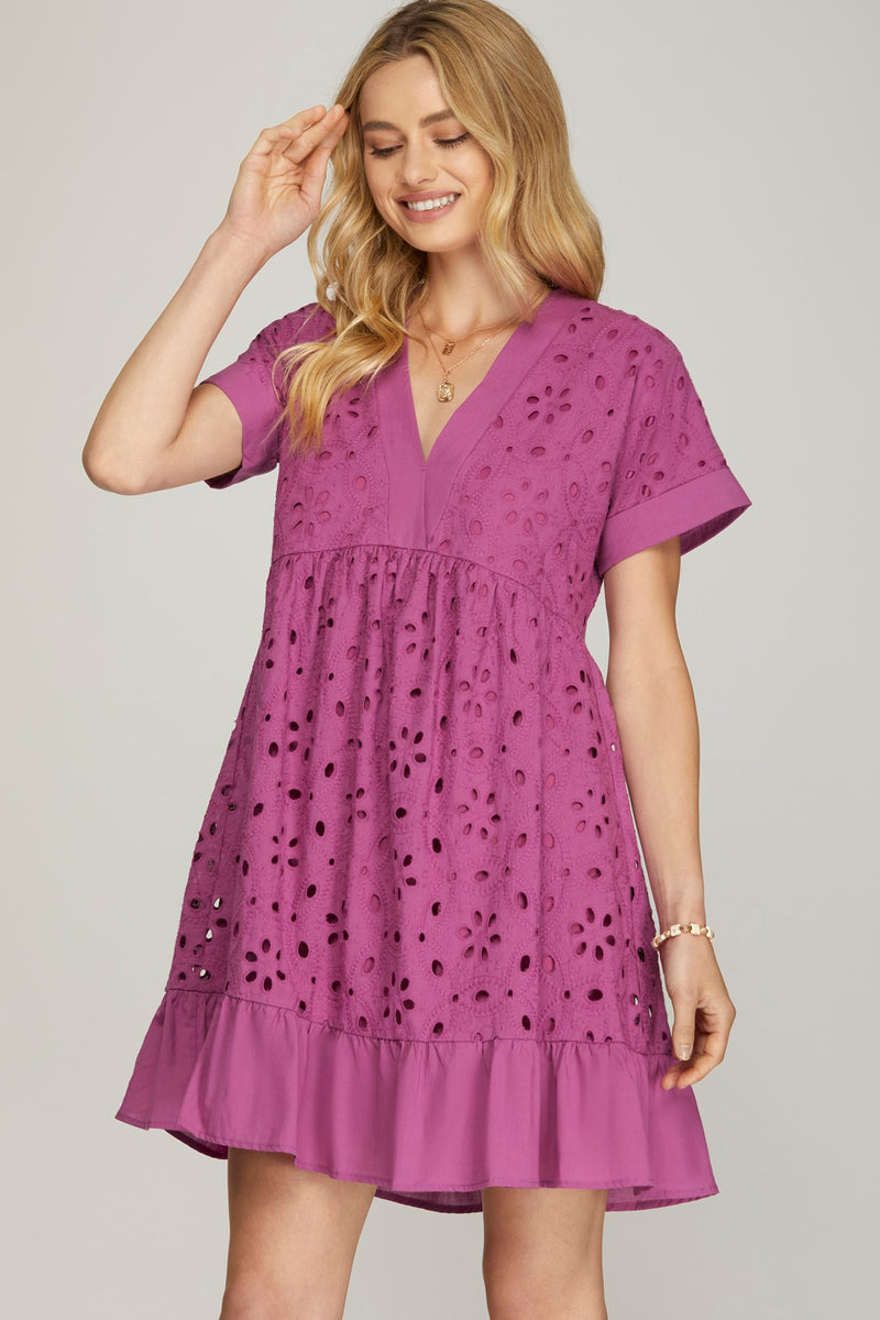 Drop Shoulder Sleeve Embroidered Dress - Magenta