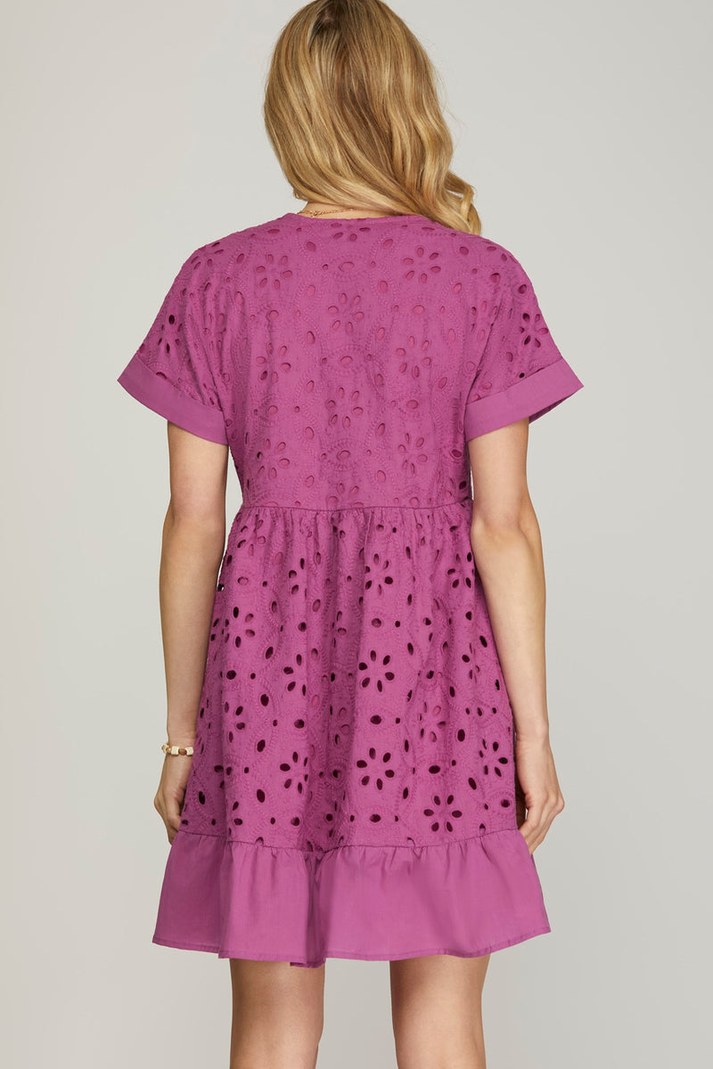 Drop Shoulder Sleeve Embroidered Dress - Magenta