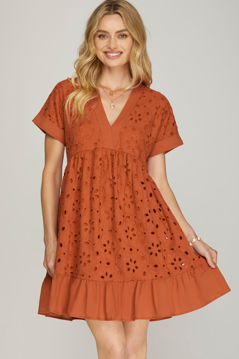 Drop Shoulder Sleeve Embroidered Dress - Rust