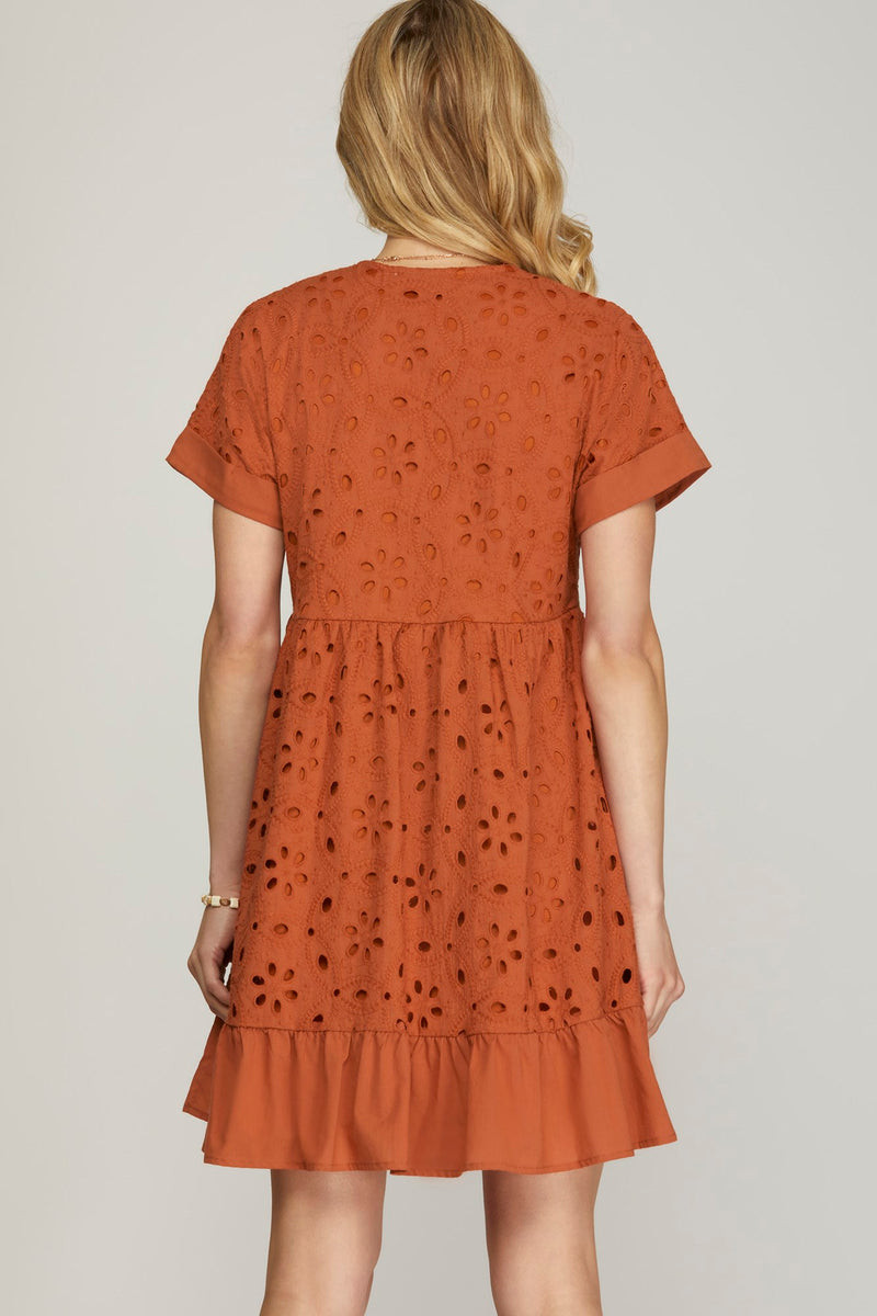 Drop Shoulder Sleeve Embroidered Dress - Rust