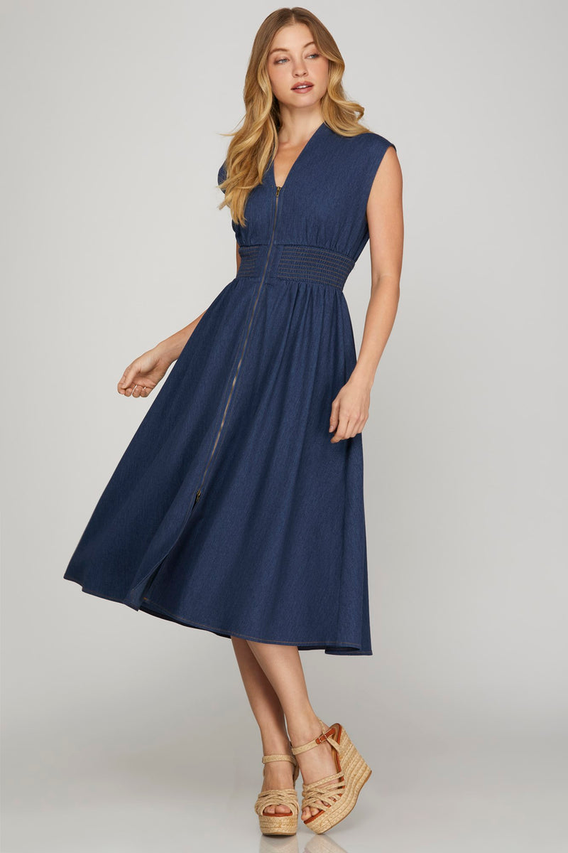 Drop Shoulder Smocked Waist Denim Midi Dress