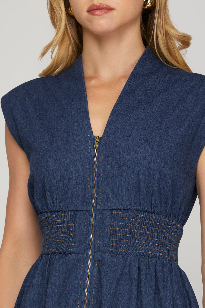 Drop Shoulder Smocked Waist Denim Midi Dress