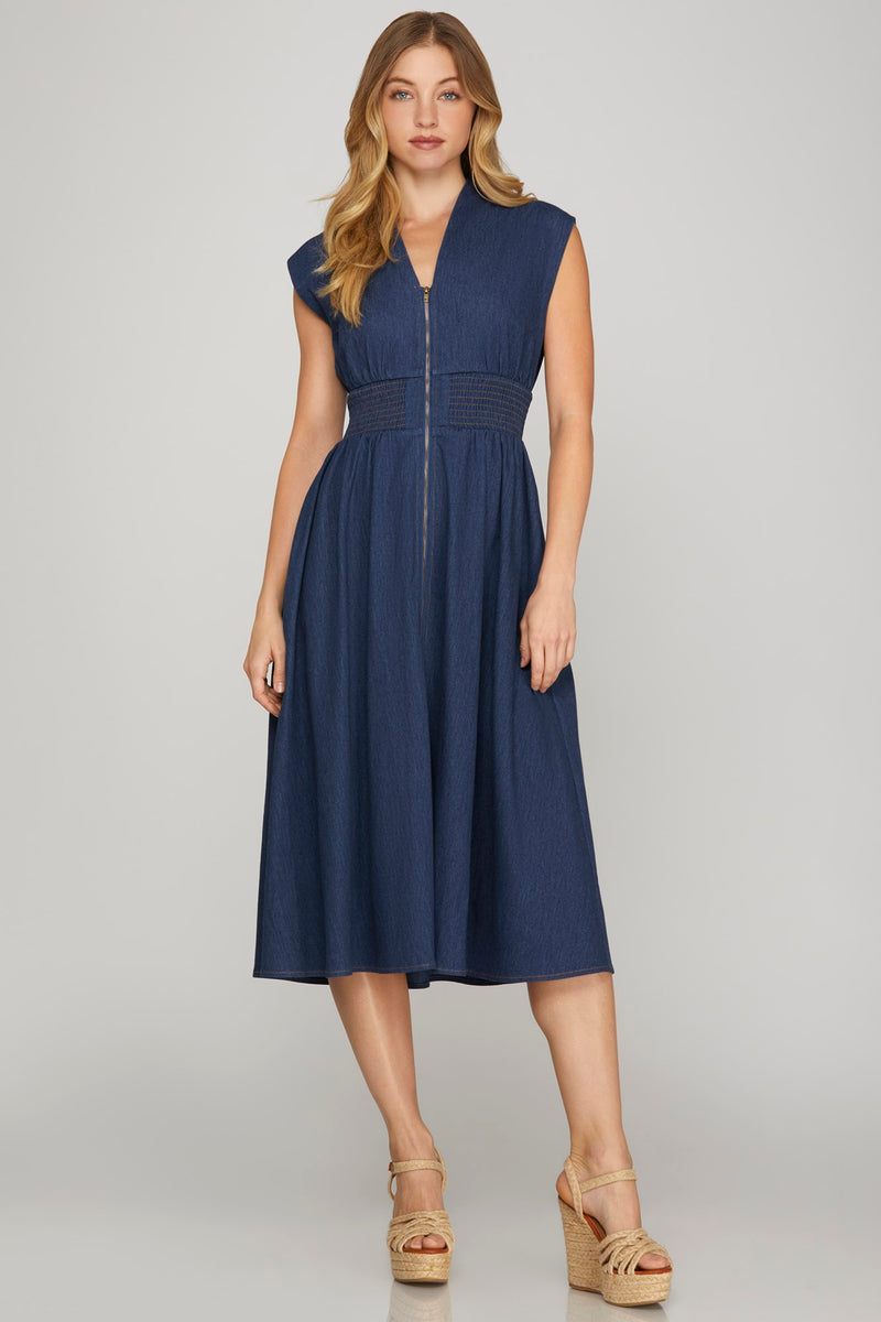 Drop Shoulder Smocked Waist Denim Midi Dress