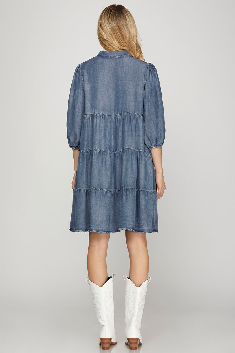 Tencel 3/4 Sleeve Chambray Tiered Dress