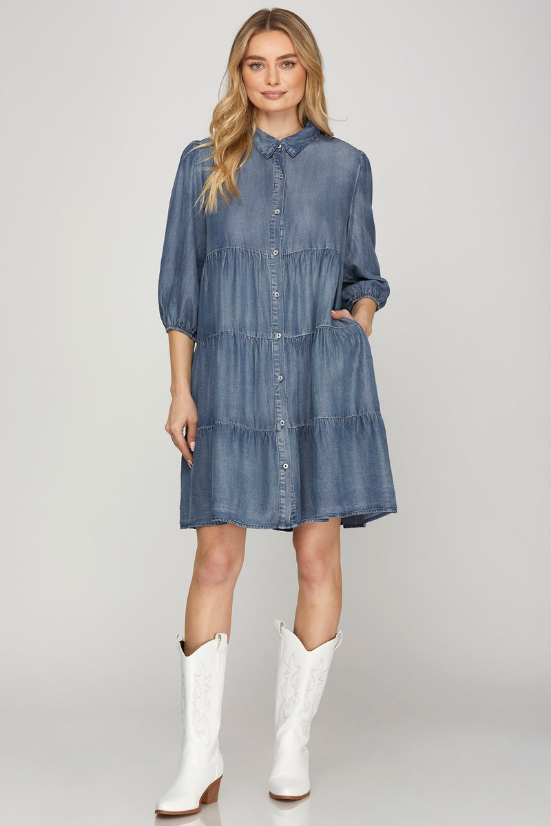 Tencel 3/4 Sleeve Chambray Tiered Dress