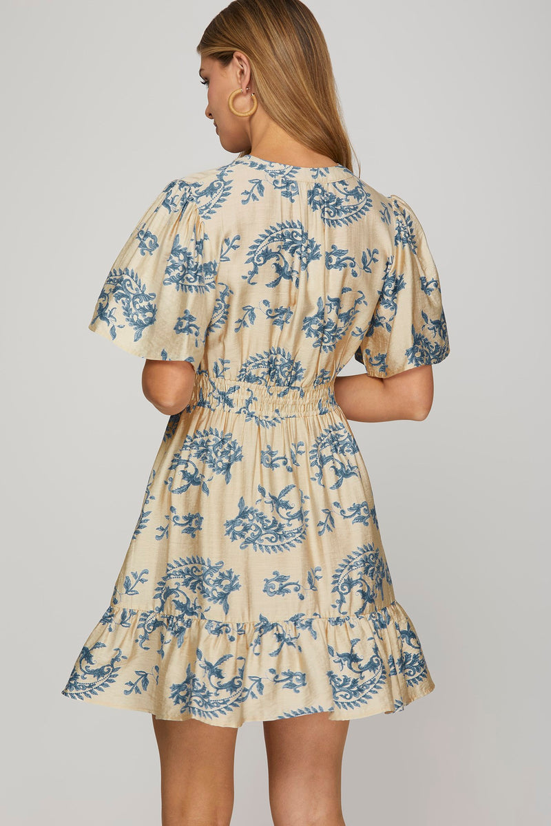 Bell Sleeve Print Mini Dress - Blue