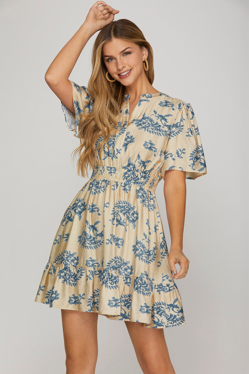 Bell Sleeve Print Mini Dress - Blue