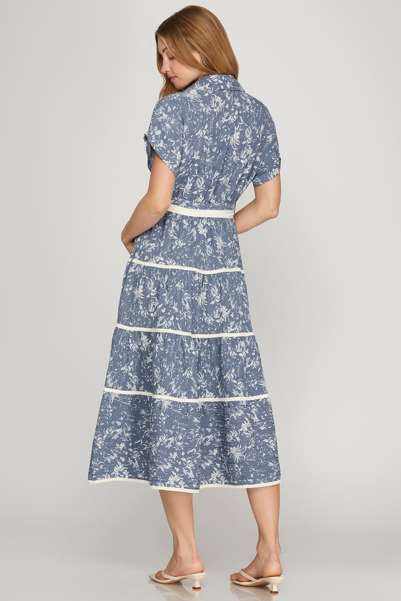 Short Sleeve Woven Print Midi Dress - Dusty Blue