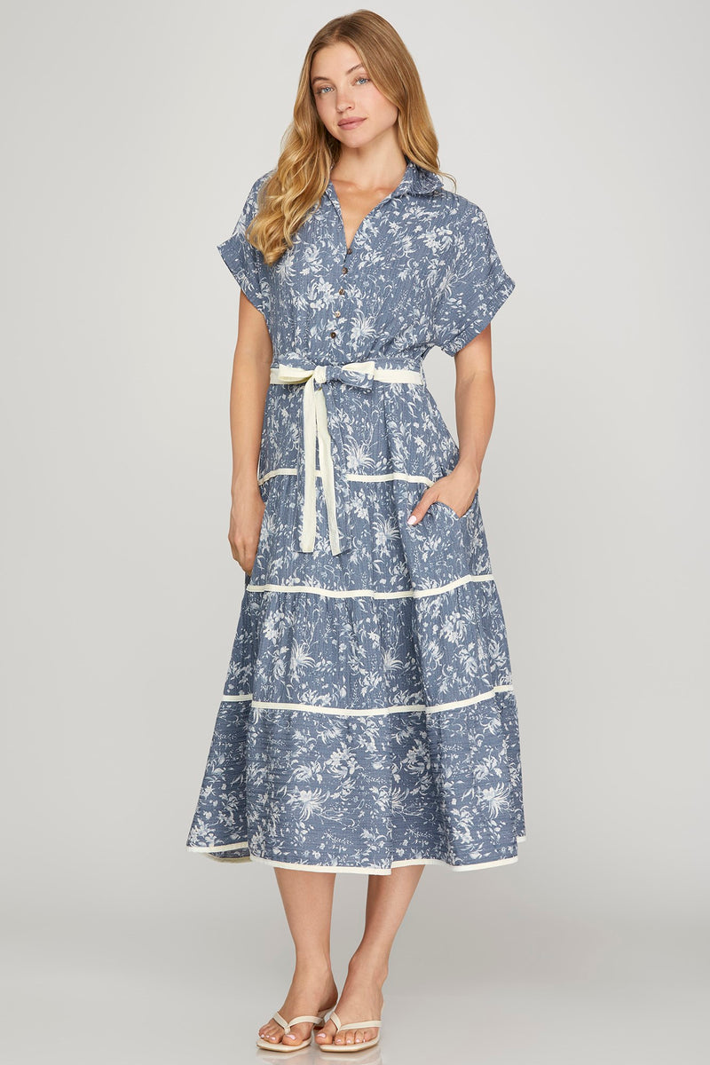 Short Sleeve Woven Print Midi Dress - Dusty Blue
