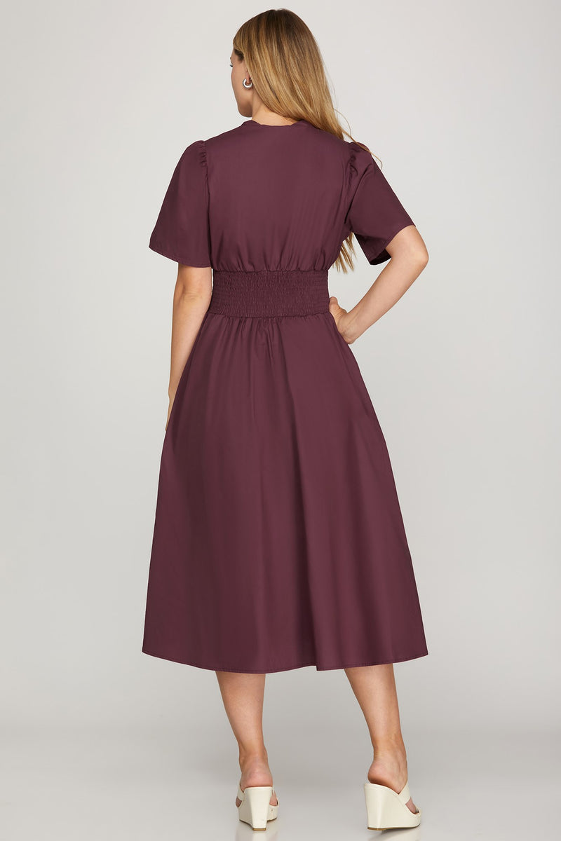 Short Sleeve Smocked Front Zip Midi Dress - Plum