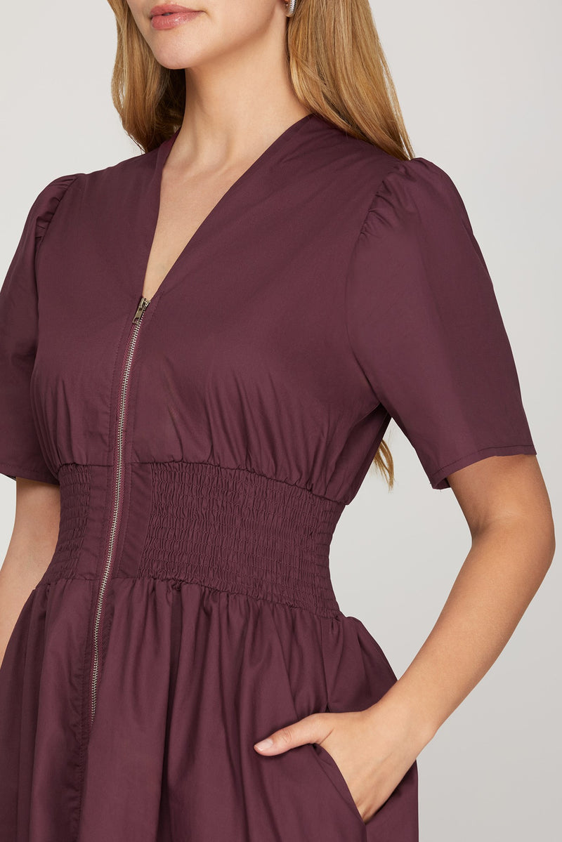 Short Sleeve Smocked Front Zip Midi Dress - Plum