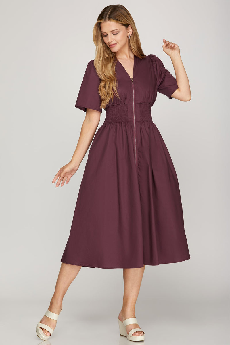 Short Sleeve Smocked Front Zip Midi Dress - Plum