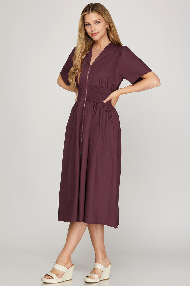 Short Sleeve Smocked Front Zip Midi Dress - Plum