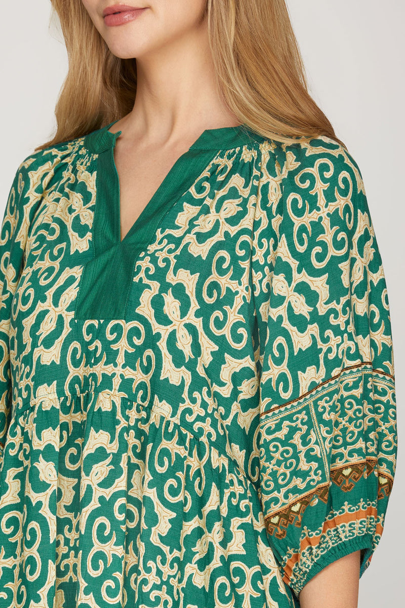 3/4 Sleeve Border Print Tiered Mini Dress - Emerald Green