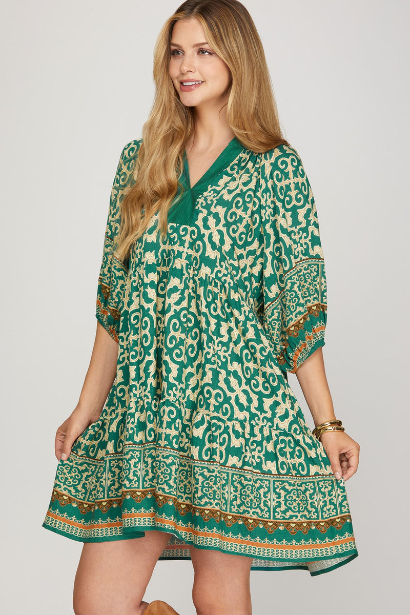3/4 Sleeve Border Print Tiered Mini Dress - Emerald Green