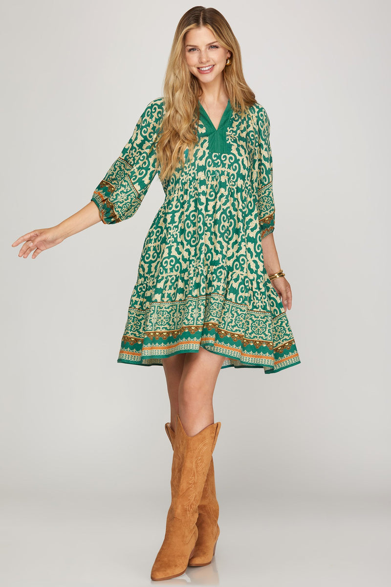 3/4 Sleeve Border Print Tiered Mini Dress - Emerald Green