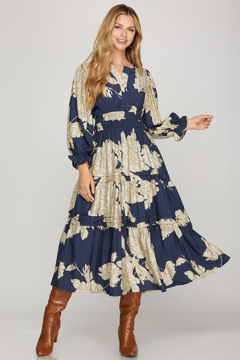 3/4 Sleeve Tiered Floral Print Midi Dress - Navy