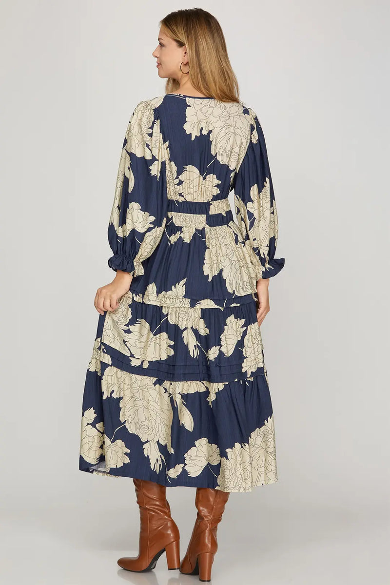 3/4 Sleeve Tiered Floral Print Midi Dress - Navy