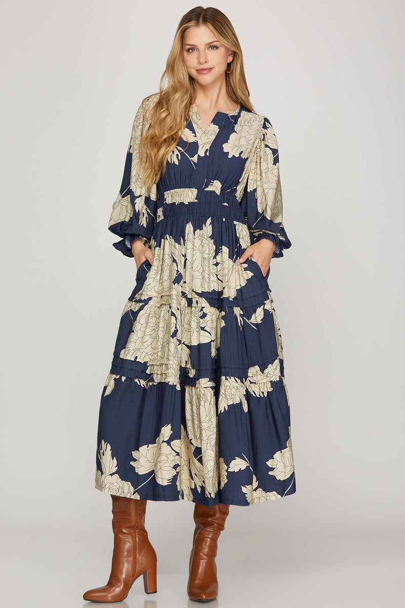 3/4 Sleeve Tiered Floral Print Midi Dress - Navy