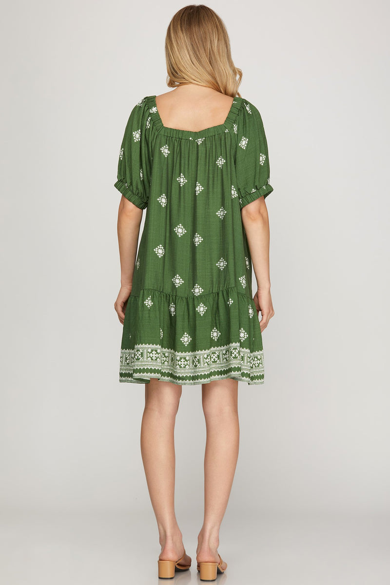 Short Sleeve Square Neck Printed Mini Dress - Olive Green