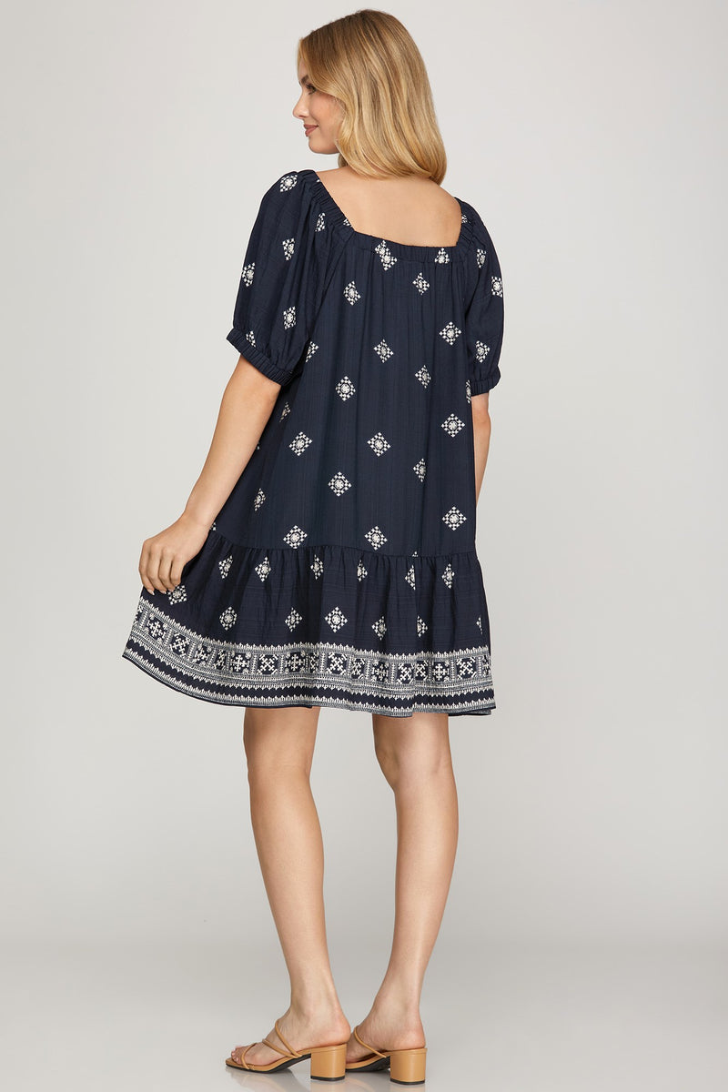 Short Sleeve Square Neck Printed Mini Dress - Navy