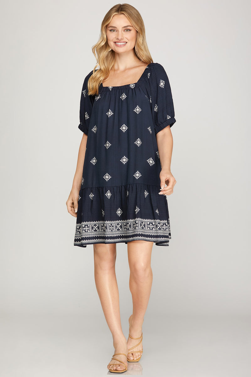 Short Sleeve Square Neck Printed Mini Dress - Navy