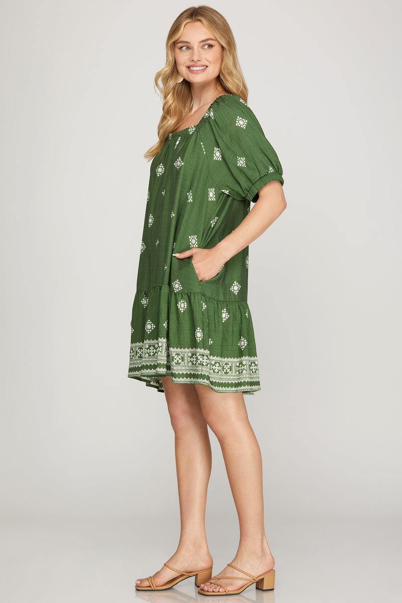 Short Sleeve Square Neck Printed Mini Dress - Olive Green