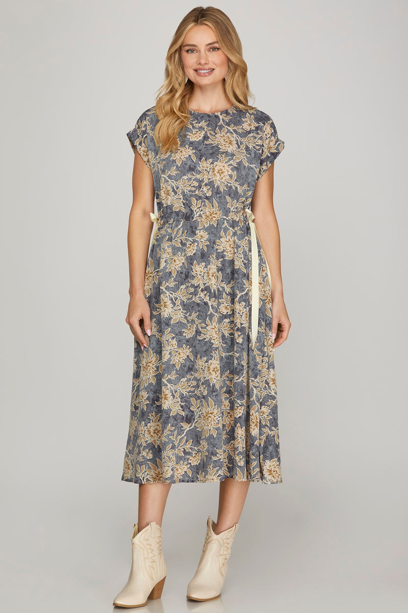 Drop Shoulder Floral Print Midi Dress - Dusty Blue