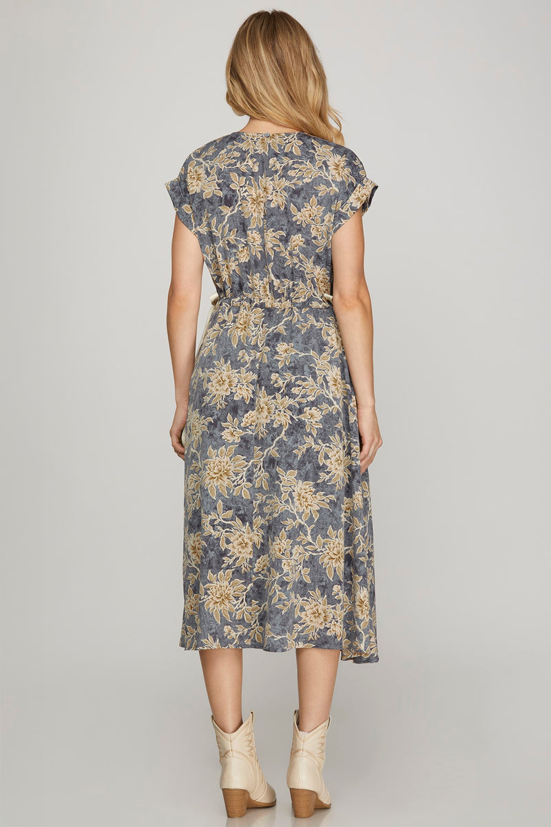Drop Shoulder Floral Print Midi Dress - Dusty Blue
