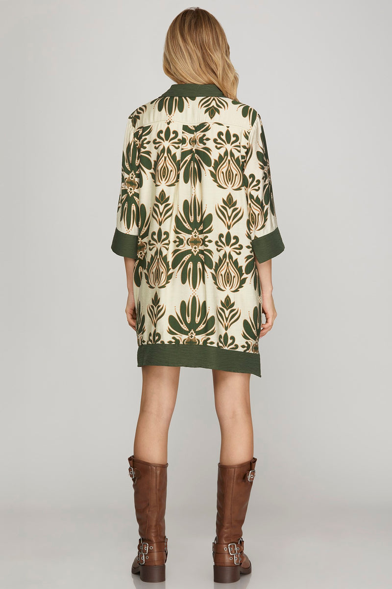 Half Sleeve Printed Mini Dress - Olive