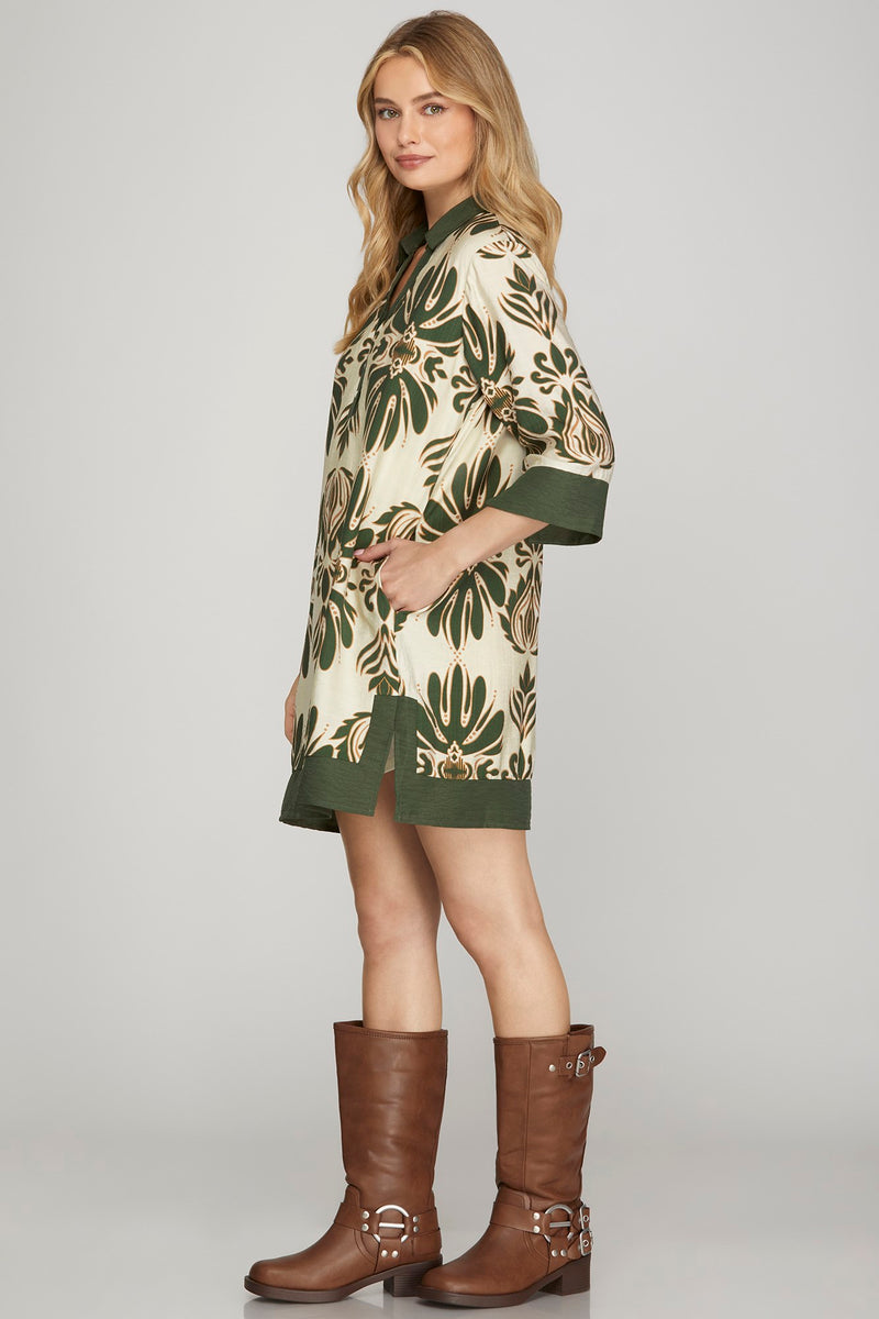 Half Sleeve Printed Mini Dress - Olive