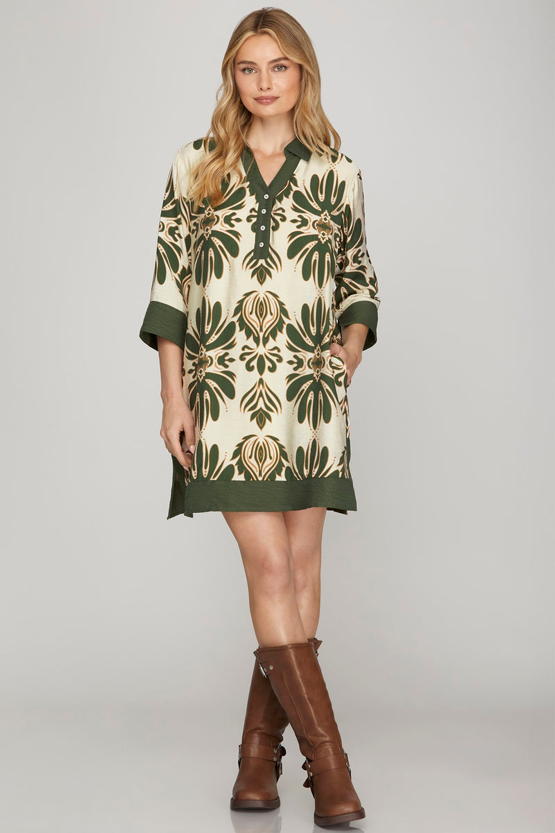 Half Sleeve Printed Mini Dress - Olive