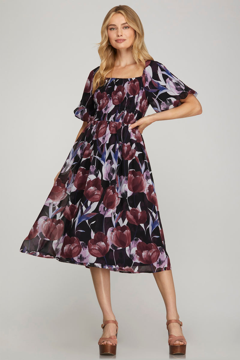 Puff Sleeve Smocked Floral Print Midi Dress - Plum