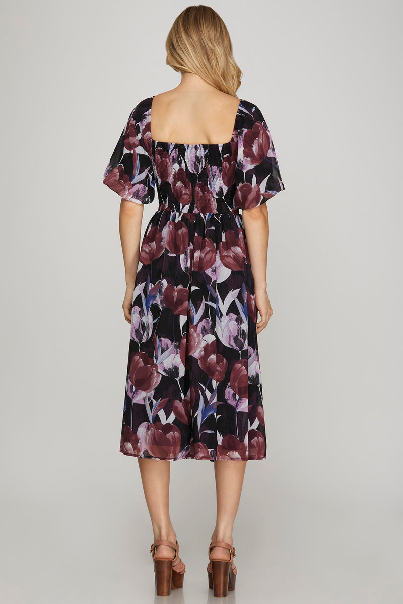 Puff Sleeve Smocked Floral Print Midi Dress - Plum
